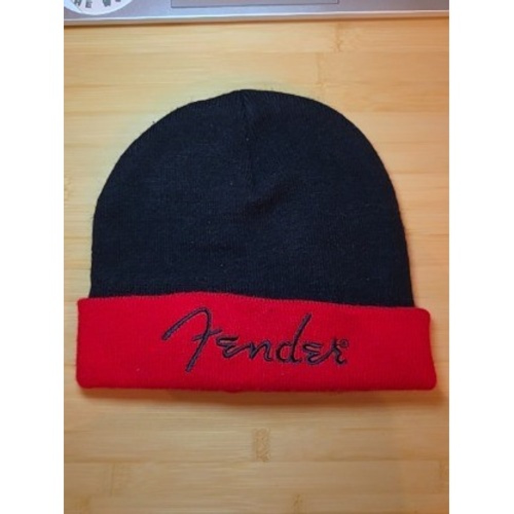 Fender Beanie Hat Black Red Knit Cuffed Script Logo Guitar Bass